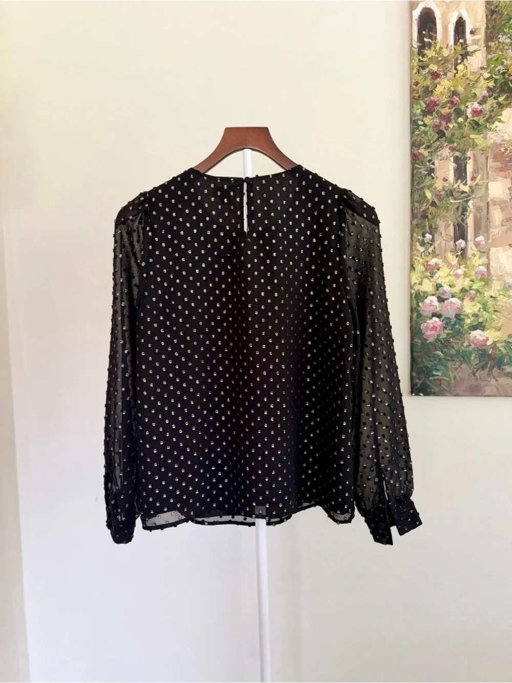 J.Crew Gold Clip Dot Sheer Sleeve Black XS Party Office Blouse Top